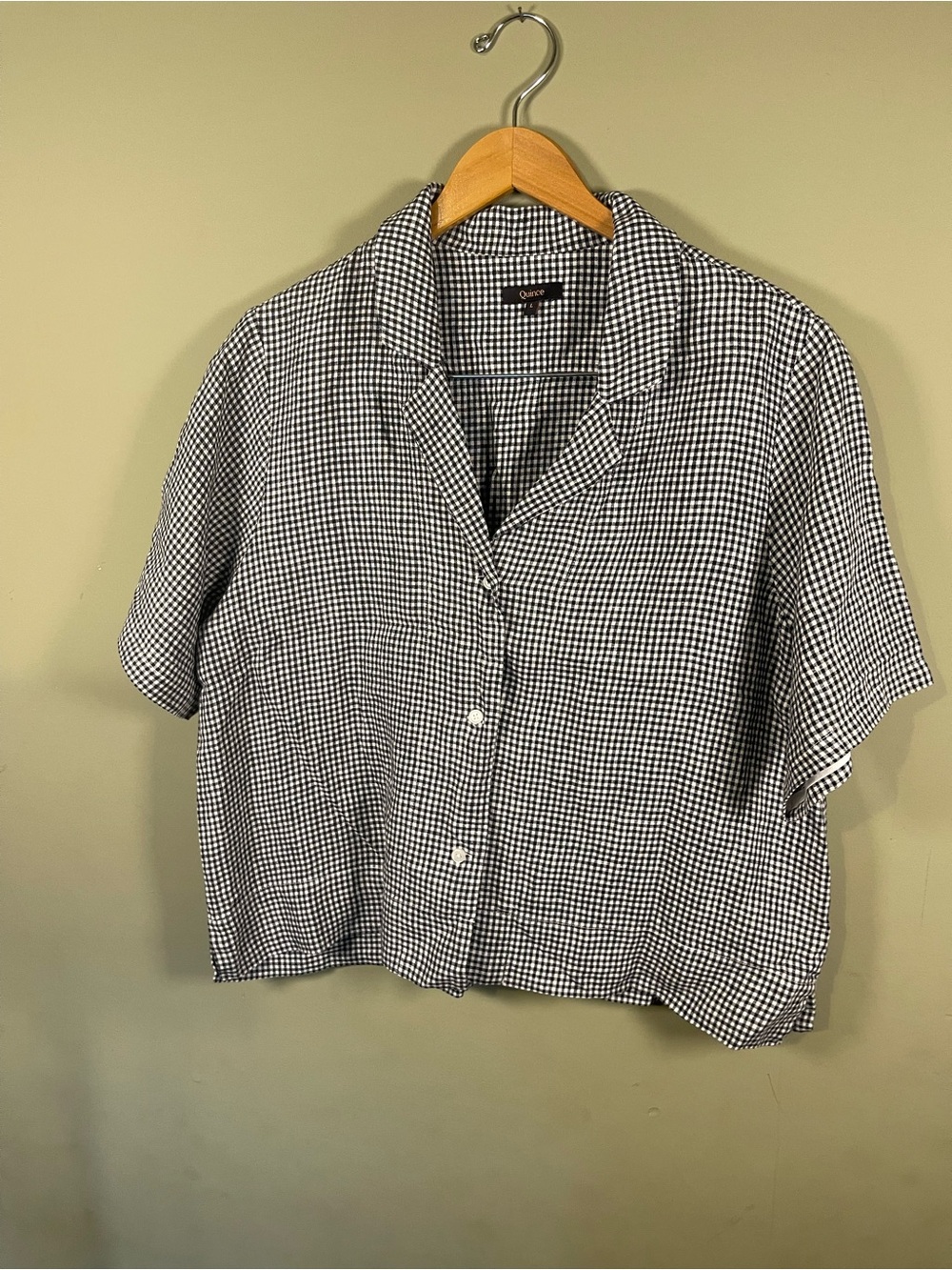 Quince Black & White Gingham Short-Sleeve Button-Down Linen Top - Picture 2 of 8